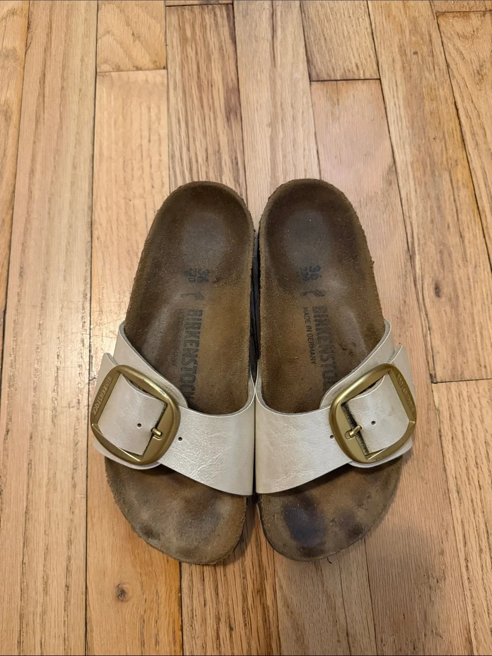 Birkenstock  Cream Single Buckle Slide Sandals with Gold Buckles